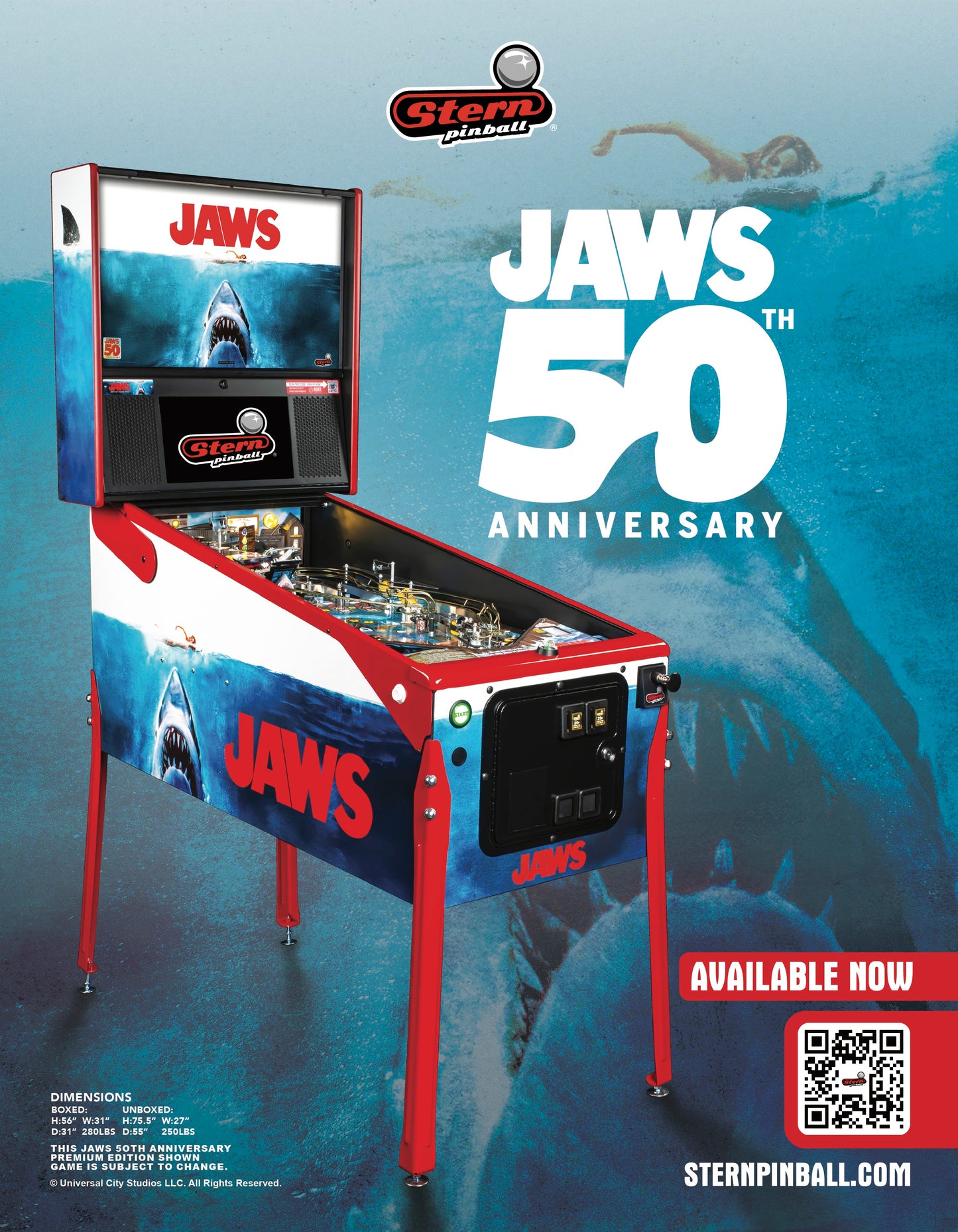 JAWS 50th ANNIVERSARY PREMIUM Edition Flipper - STERN Pinball